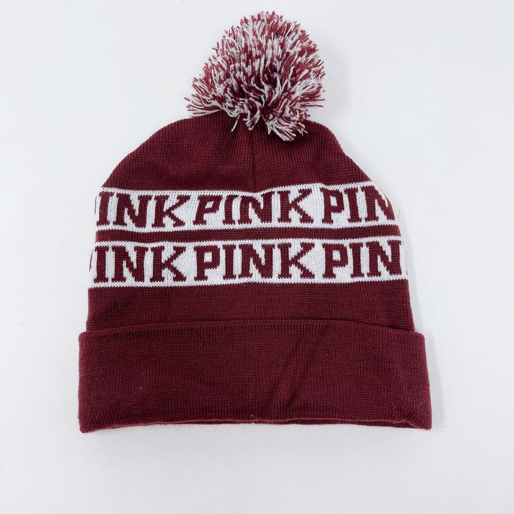 Victorias Secret PINK Burgundy Red White Pom Pom Beanie Hat Foldover Winter Cozy